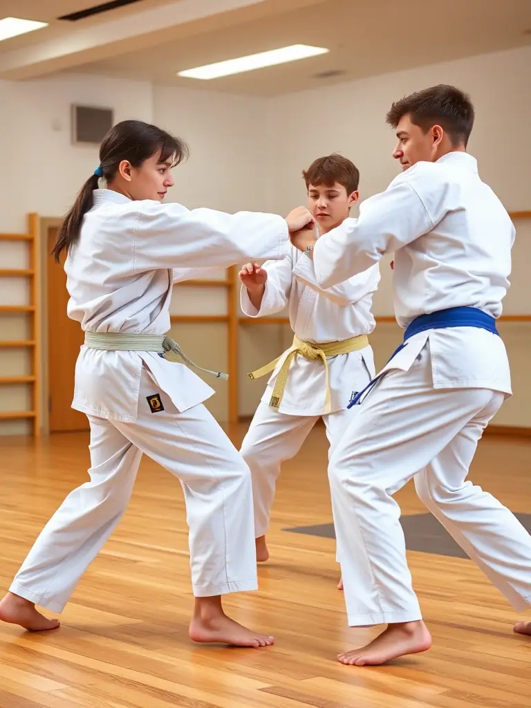 Teenagers in Judo uniforms engaged in a sparring session at DOJO-CLOVIS, demonstrating agility and strategic thinking.