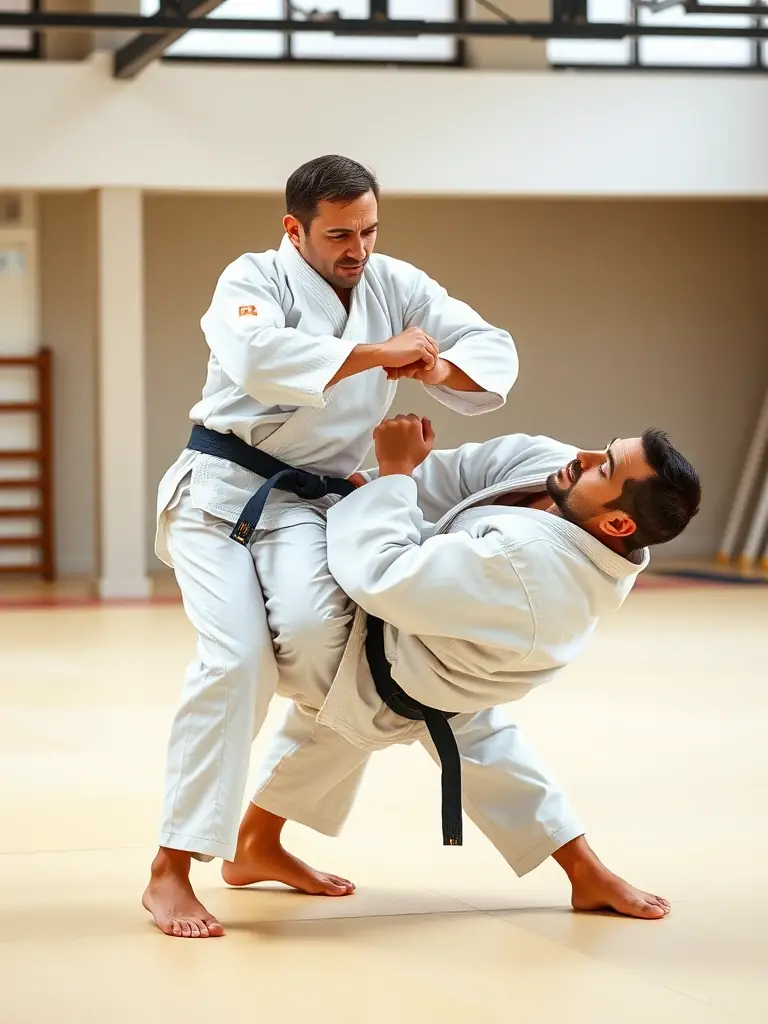 Adults in Judo uniforms practicing throws and grappling techniques at DOJO-CLOVIS, focusing on strength and precision.