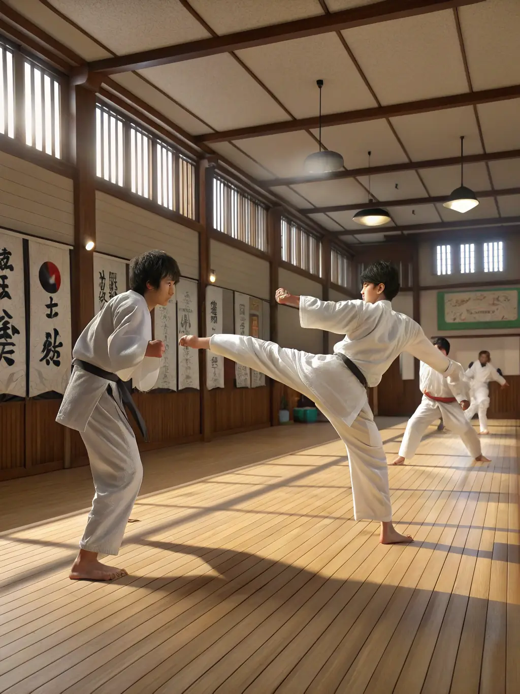 A group of young children in judo uniforms practicing basic stances under the guidance of an instructor at DOJO-CLOVIS.