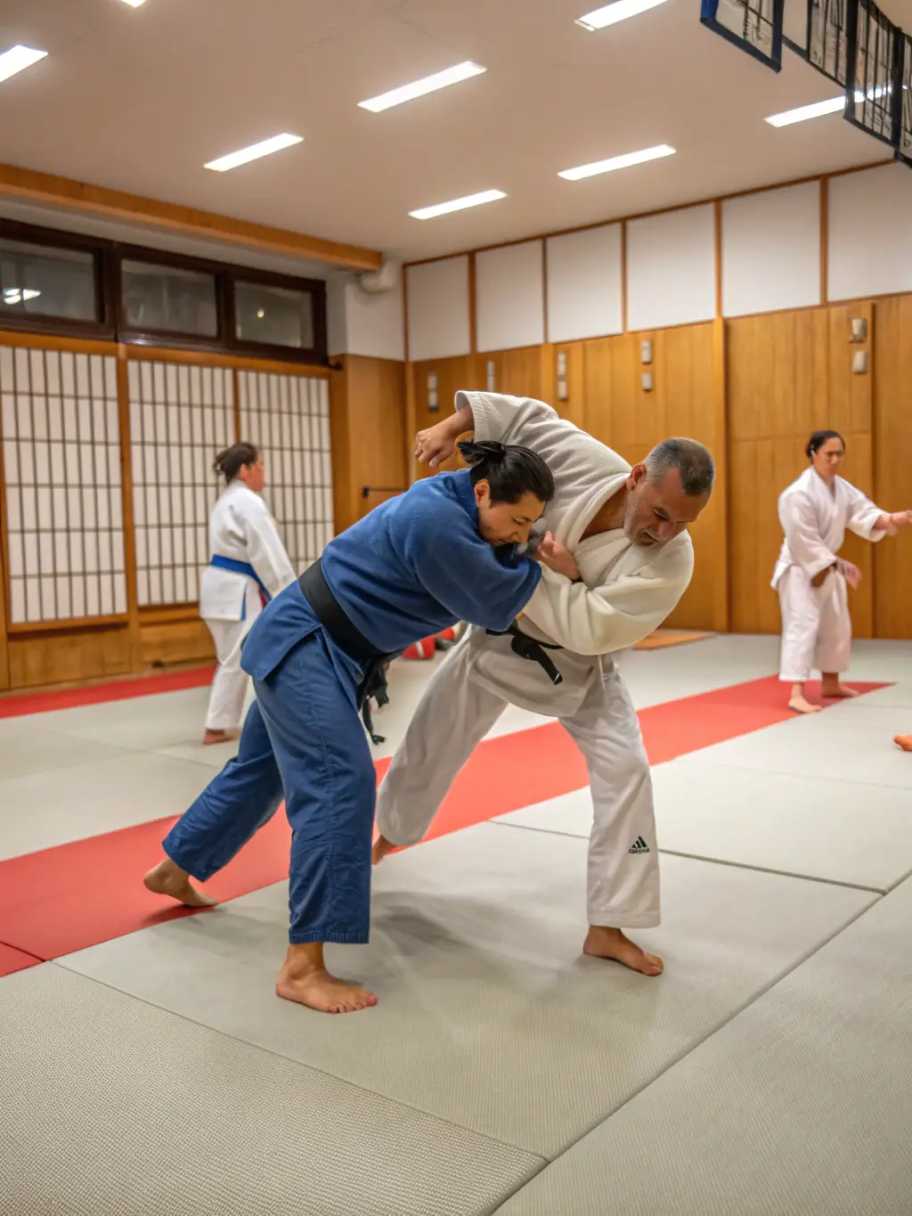 Adults participating in a Judo class, learning advanced throws and grappling techniques at DOJO-CLOVIS.