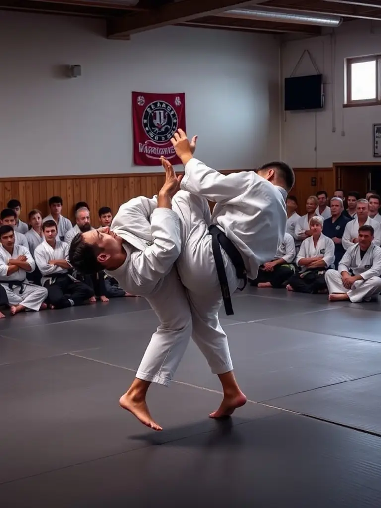 A student successfully executing a Judo technique during a sparring session, demonstrating the practical self-defense skills taught at DOJO-CLOVIS.