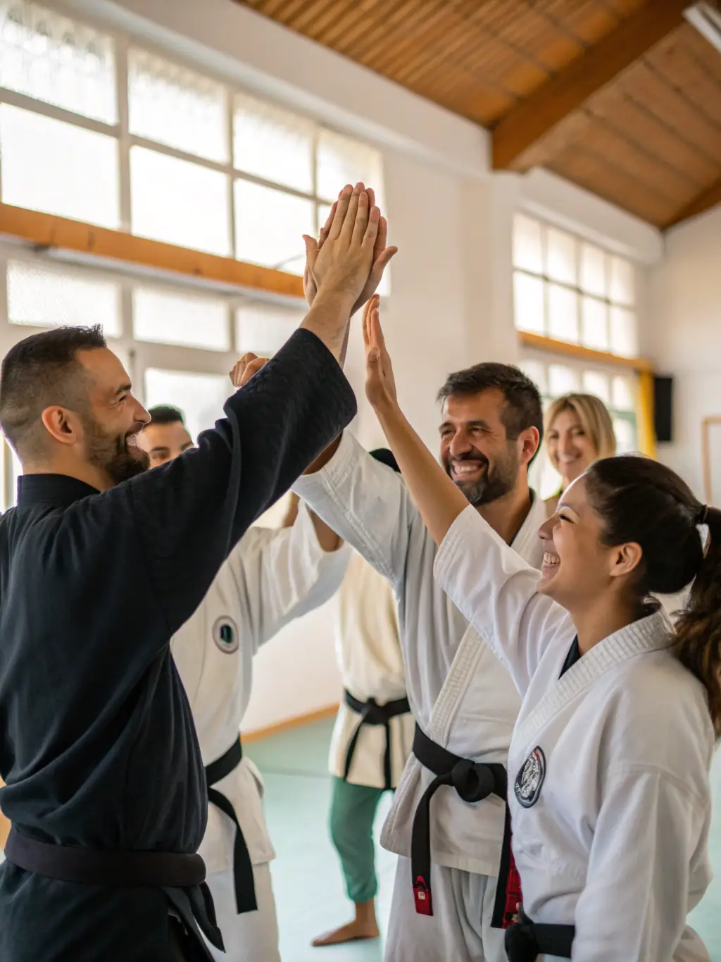 A group of Judo students of varying ages and skill levels celebrating a successful training session, highlighting the inclusive and supportive community at DOJO-CLOVIS.