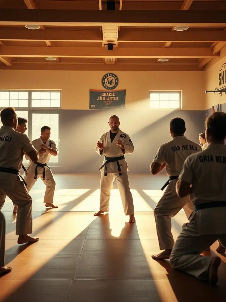 A diverse group of students practicing Judo techniques under the guidance of an experienced instructor in a traditional dojo setting, emphasizing the supportive community at DOJO-CLOVIS.