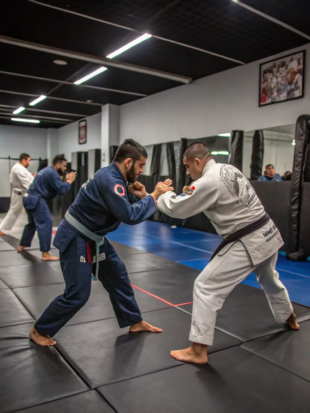 A diverse group of students practicing groundwork and submission techniques in a Brazilian Jiu-Jitsu class at DOJO-CLOVIS.