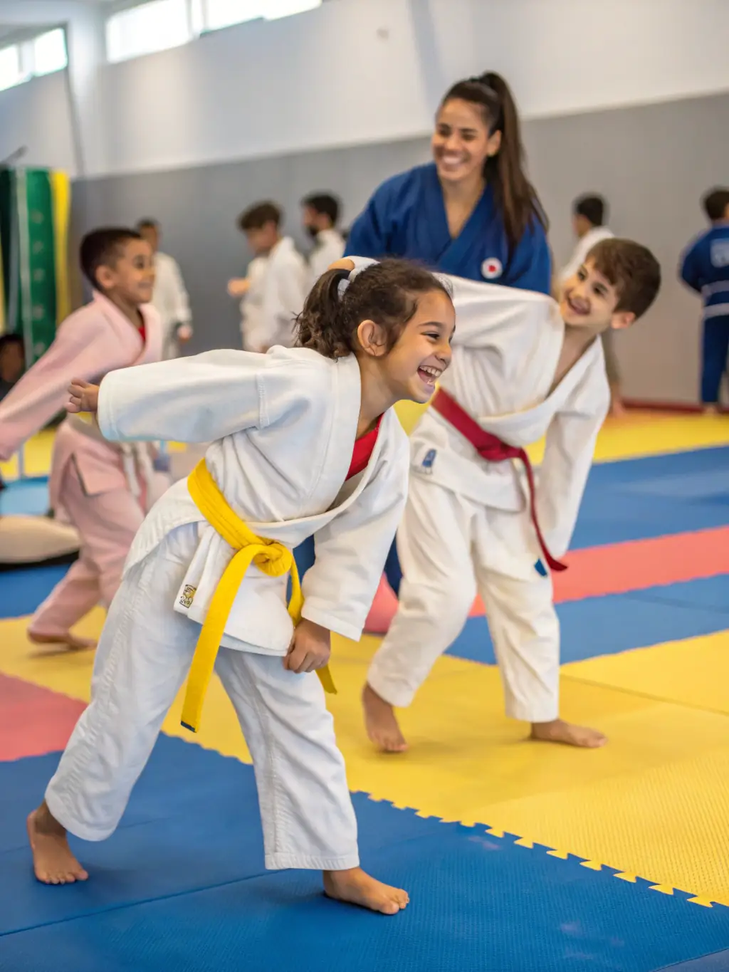 A group of young children in Judo uniforms practicing basic stances under the guidance of an instructor at DOJO-CLOVIS, focusing on balance and coordination.